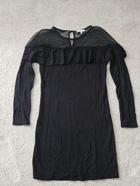 NSR Black Lightweight, Long-Sleeve Dress with Sheer Dotted Yoke and Ruffle